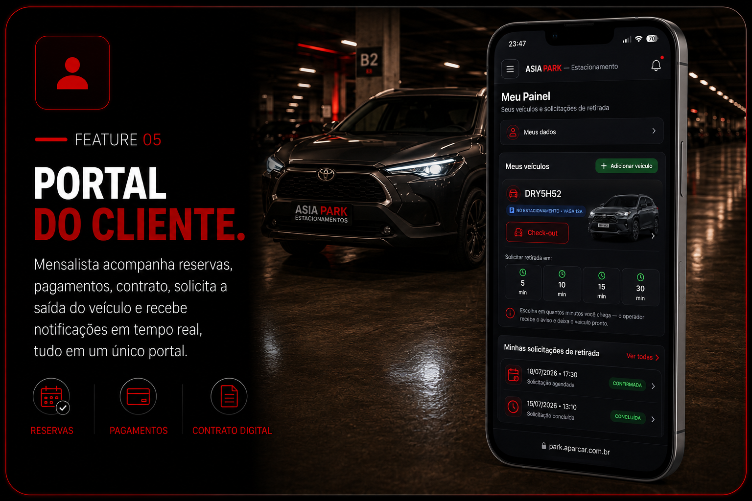 Portal do Cliente — mensalista acompanha reservas, pagamentos, contrato, solicita a saída do veículo e recebe notificações em tempo real.