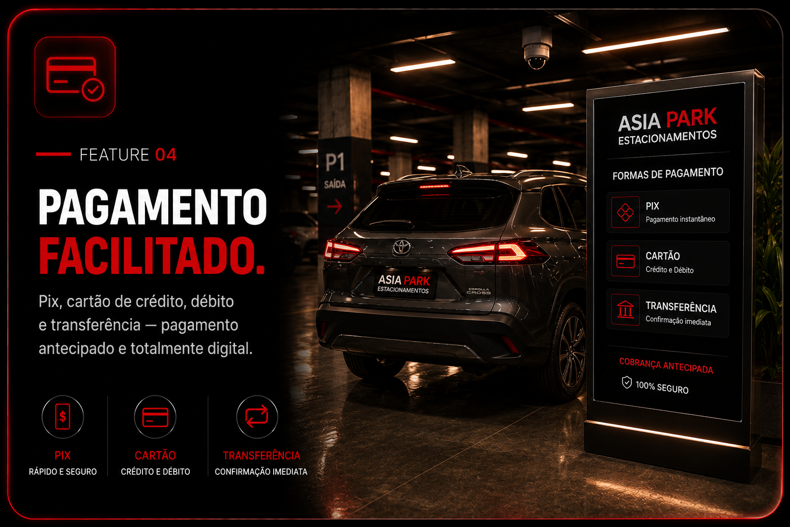 Pagamento facilitado — Pix, cartão de crédito, débito e transferência, entre e saia sem filas.